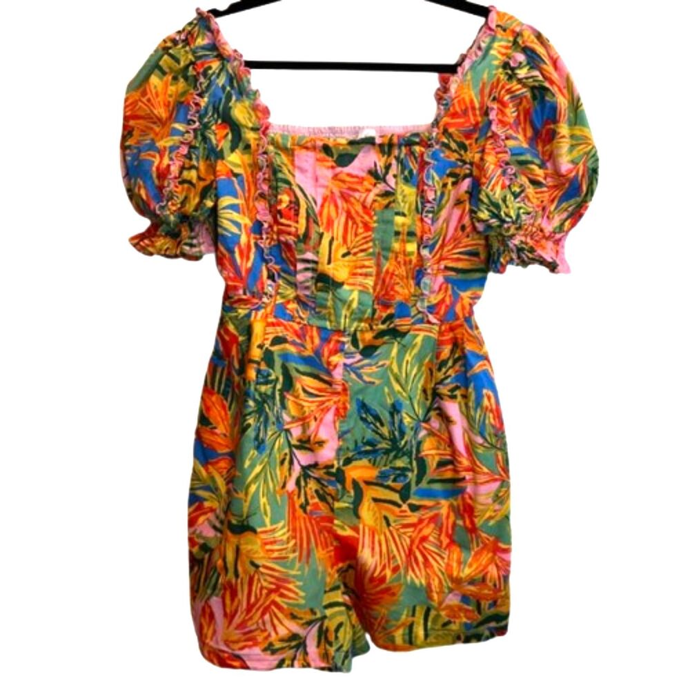 J. Marie Tropical Floral Romper M Puff Sleeve Smocked Back Summer Resortcore